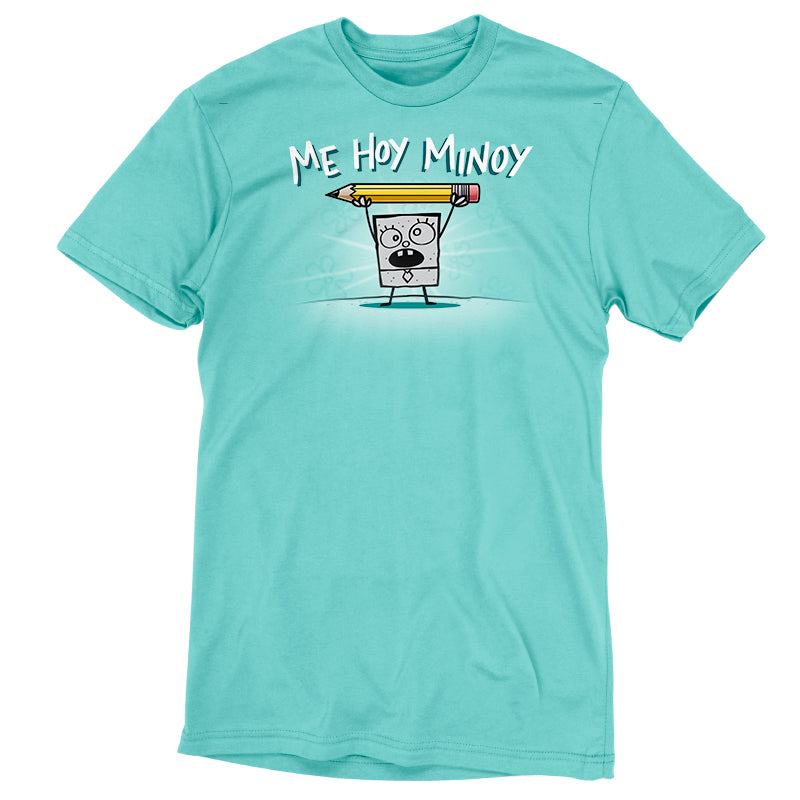 Premium Cotton T-shirt_TeeTurtle Caribbean blue Me Hoy Minoy apparel featuring DoodleBob from SpongeBob SquarePants yelling, “Me Hoy Minoy“ while holding up a pencil in the air with both arms, and floral outlines in the background.
