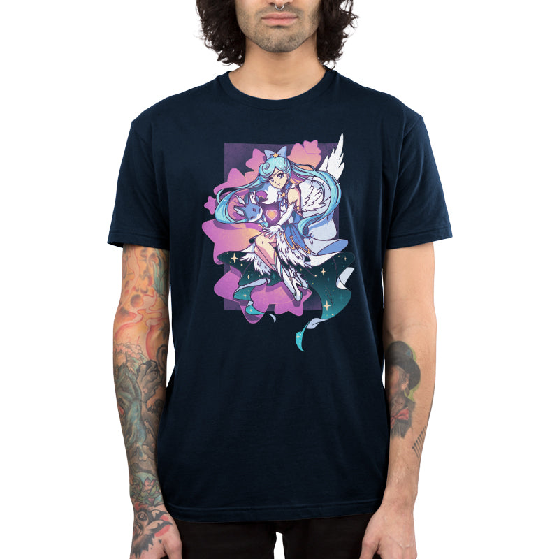 Premium Cotton T-shirt_TeeTurtle Mahou Shoujo & Fox navy blue t-shirt featuring an anime character with long, light blue hair wearing a blue dress with white angel wings while holding a blue fox surrounded by purple stars.