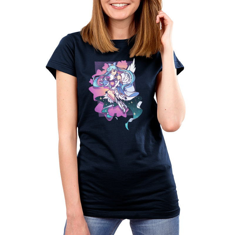 Premium Cotton T-shirt_TeeTurtle Mahou Shoujo & Fox navy blue t-shirt featuring an anime character with long, light blue hair wearing a blue dress with white angel wings while holding a blue fox surrounded by purple stars.