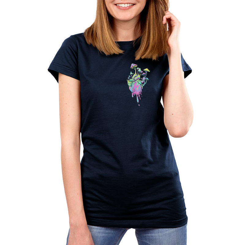 Premium Cotton T-shirt_TeeTurtle Psychedelic at Heart navy blue t-shirt featuring an illustration of a heart colored with pastel shades of pink, green, purple and blue that have a marbling effect, with colorful cartoonish mushrooms and green plants and foliage growing from the dripping heart.