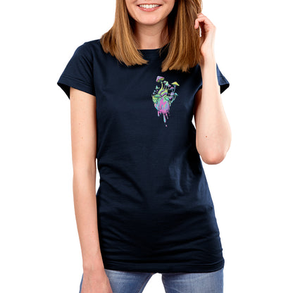 Premium Cotton T-shirt_TeeTurtle Psychedelic at Heart navy blue t-shirt featuring an illustration of a heart colored with pastel shades of pink, green, purple and blue that have a marbling effect, with colorful cartoonish mushrooms and green plants and foliage growing from the dripping heart.