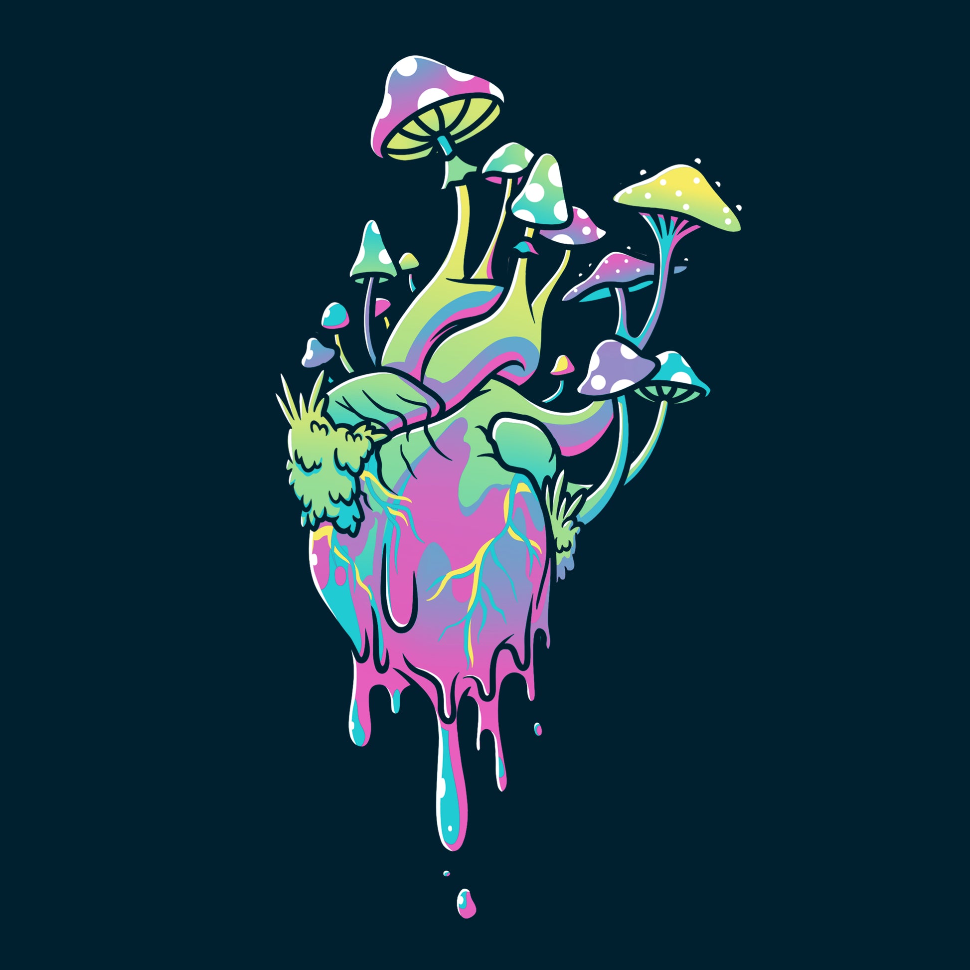 Premium Cotton T-shirt_TeeTurtle Psychedelic at Heart navy blue t-shirt featuring an illustration of a heart colored with pastel shades of pink, green, purple and blue that have a marbling effect, with colorful cartoonish mushrooms and green plants and foliage growing from the dripping heart.