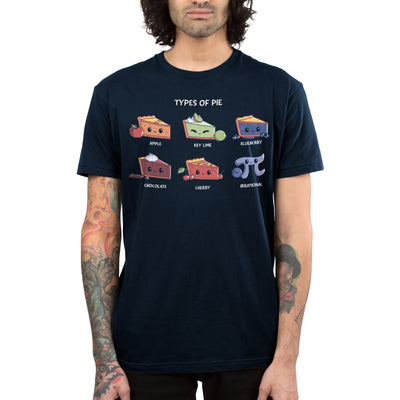 Premium Cotton T-shirt_TeeTurtle navy blue Slice of Pie apparel featuring a row of smiling pie slices, in the order of apple, key lime, blueberry, chocolate, and cherry, and a smiling pi sign that’s irrational.