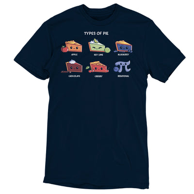 Premium Cotton T-shirt_TeeTurtle navy blue Slice of Pie apparel featuring a row of smiling pie slices, in the order of apple, key lime, blueberry, chocolate, and cherry, and a smiling pi sign that’s irrational.