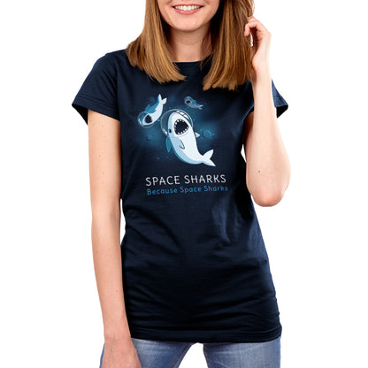 Premium Cotton T-shirt_TeeTurtle Space Sharks navy blue t-shirt featuring an illustration of three sharks with their mouths open showing teeth wearing air helmets floating in space with blue moons and stars in the background. The words "SPACE SHARKS Because Space sharks" are written underneath.