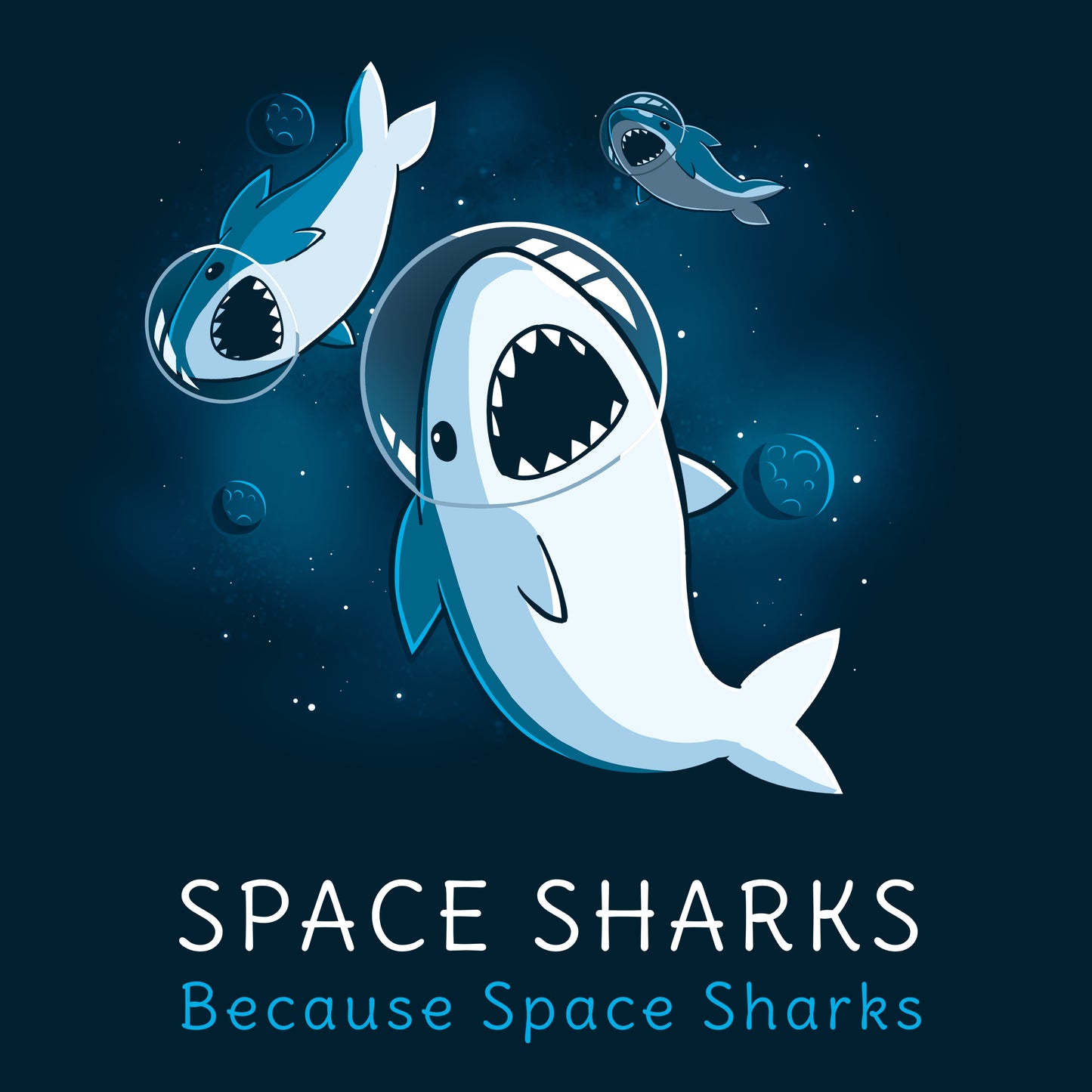 Premium Cotton T-shirt_TeeTurtle Space Sharks navy blue t-shirt featuring an illustration of three sharks with their mouths open showing teeth wearing air helmets floating in space with blue moons and stars in the background. The words "SPACE SHARKS Because Space sharks" are written underneath.