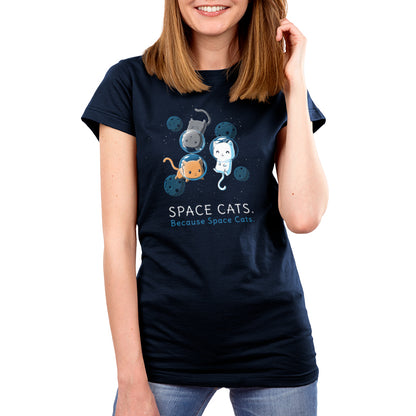 Premium Cotton T-shirt_TeeTurtle Space Cats navy blue t-shirt featuring an orange, white, and gray cat wearing air helmets floating in space surrounded by blue moons looking content with the words "SPACE CATS. Because Space Cats." written below.