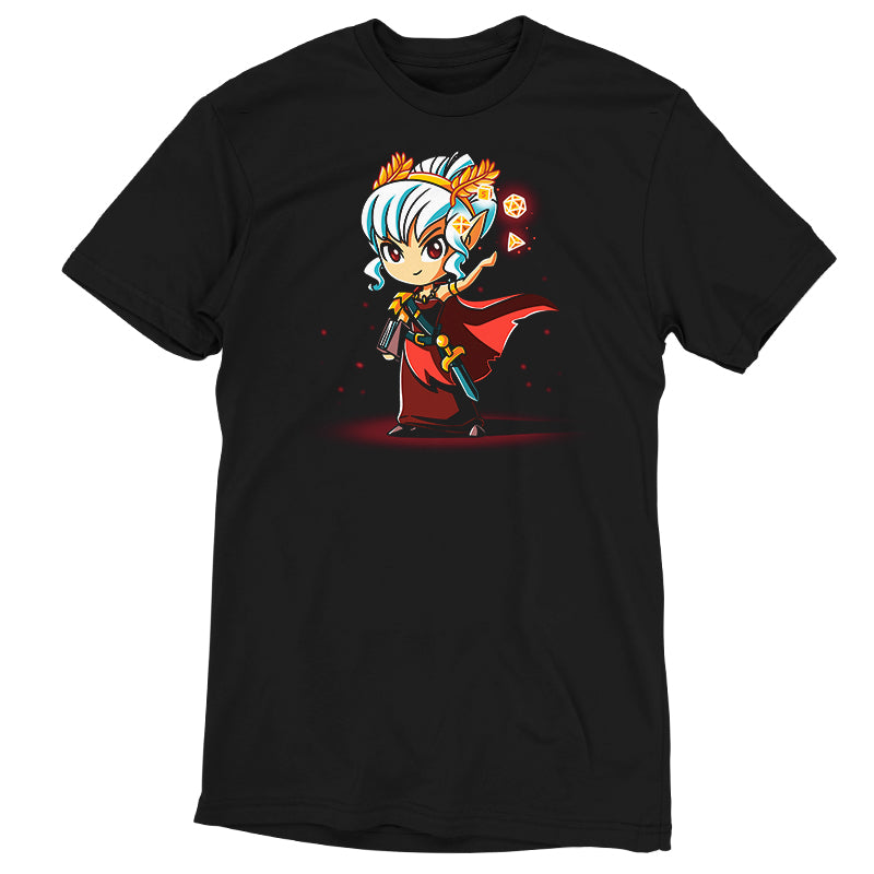 Premium Cotton T-shirt_TeeTurtle Tabletop Queen black t-shirt featuring a cartoon princess with white hair wearing a gold flower headband and wearing a red dress with a sword holstered on the side. She tosses four dice in the air with her left hand and holds a book in the right hand and looks ready to compete.