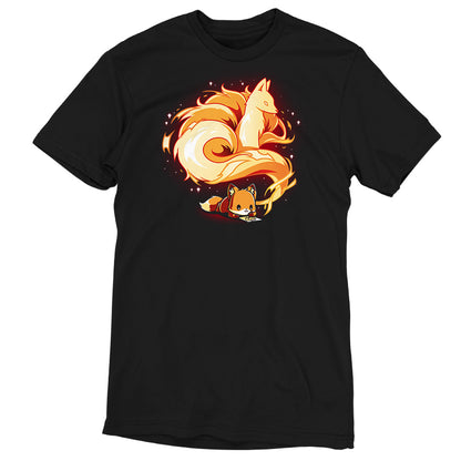 Premium Cotton T-shirt_TeeTurtle The Mind of an Artist black t-shirt featuring an illustration of an orange fox lying down contently drawing. The drawing appears to come from the little fox's thoughts, which shows an older orange fox with a long, fluffy and spiraling tail that resembles fire surrounded by stars. 