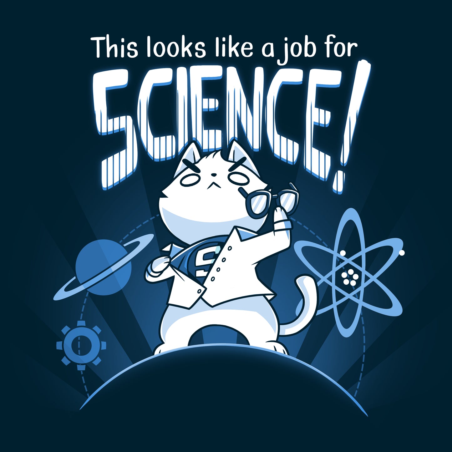 Premium Cotton T-shirt_TeeTurtle This Looks Like a Job for Science navy blue t-shirt featuring a cartoon illustration of a white cat dressed in a white suit revealing a shirt underneath that has an "S" on it while holding black glasses surrounded by a planet and orbs. The words "This looks like a job for SCIENCE!" is written on top of the illustration.