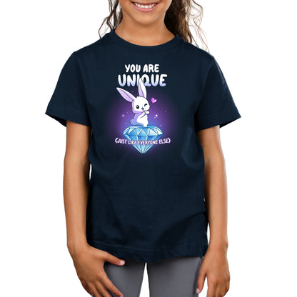 Premium Cotton T-shirt_TeeTurtle navy blue You Are Unique apparel featuring a winking bunny with a heart standing on top of a giant sparkling diamond with the sarcastic caption, “You are Unique (Just Like Everyone Else)“.