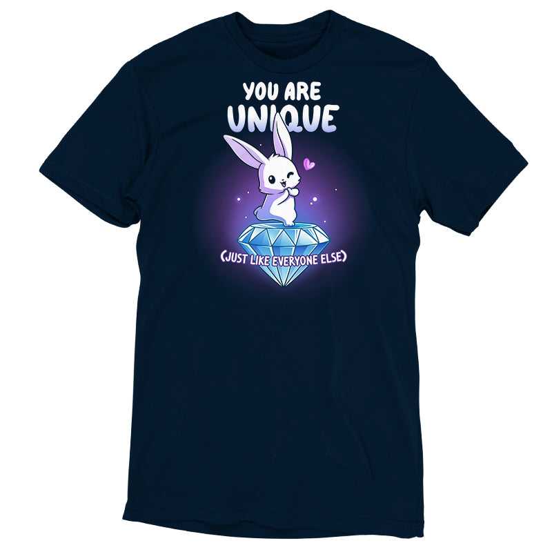 Premium Cotton T-shirt_TeeTurtle navy blue You Are Unique apparel featuring a winking bunny with a heart standing on top of a giant sparkling diamond with the sarcastic caption, “You are Unique (Just Like Everyone Else)“.