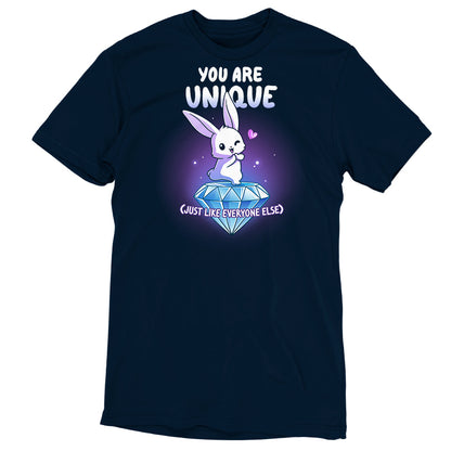 Premium Cotton T-shirt_TeeTurtle navy blue You Are Unique apparel featuring a winking bunny with a heart standing on top of a giant sparkling diamond with the sarcastic caption, “You are Unique (Just Like Everyone Else)“.