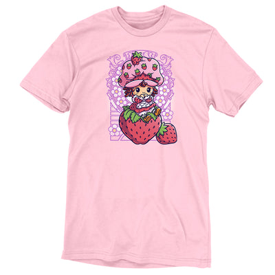 Premium Cotton T-shirt_TeeTurtle light pink Vintage Strawberry Shortcake apparel featuring Strawberry Shortcake sitting on a strawberry with art nouveau illustration elements.