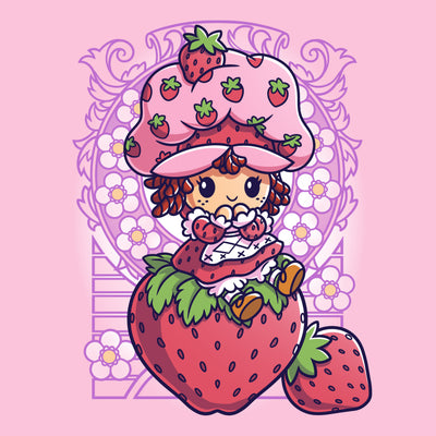 Premium Cotton T-shirt_TeeTurtle light pink Vintage Strawberry Shortcake apparel featuring Strawberry Shortcake sitting on a strawberry with art nouveau illustration elements.