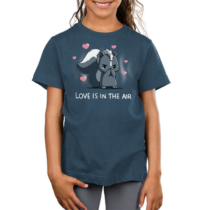 Premium Cotton T-Shirt_TeeTurtle denim blue Scentimental Feelings Premium Cotton T-Shirt featuring a skunk standing up on its back legs with its front paws covering its nose, hearts coming out in the background with the caption, "love is in the air".