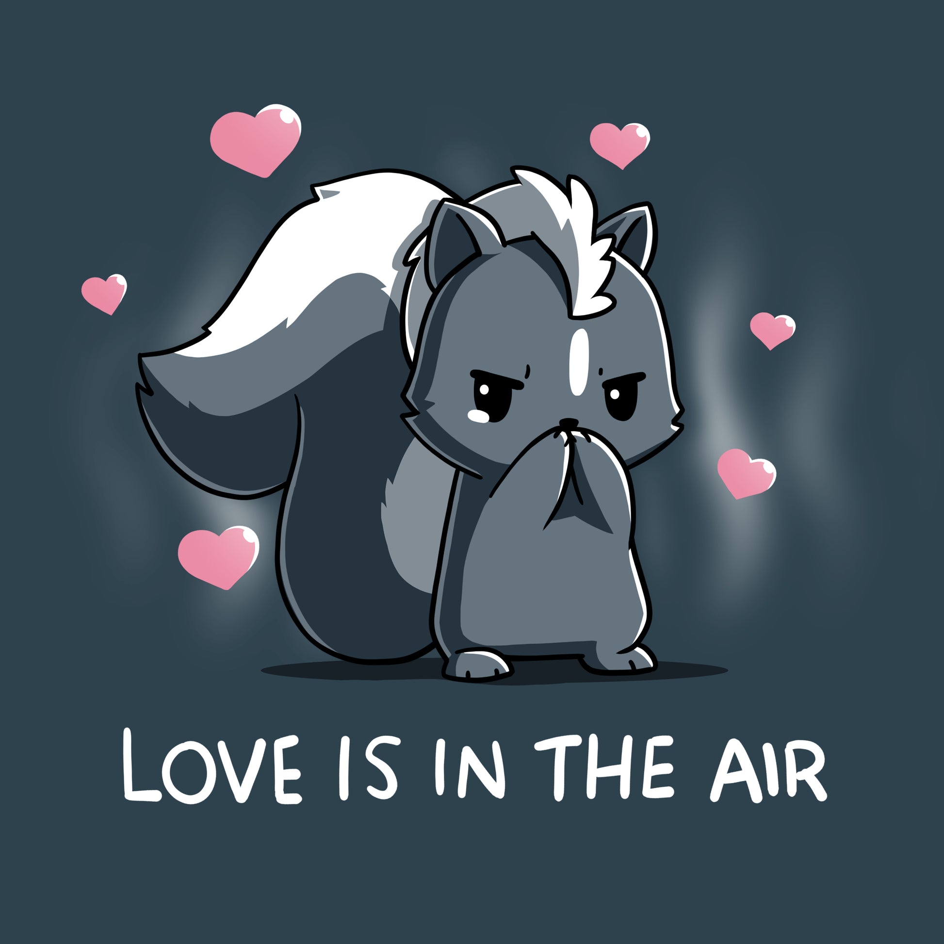 Premium Cotton T-Shirt_TeeTurtle denim blue Scentimental Feelings Premium Cotton T-Shirt featuring a skunk standing up on its back legs with its front paws covering its nose, hearts coming out in the background with the caption, "love is in the air".