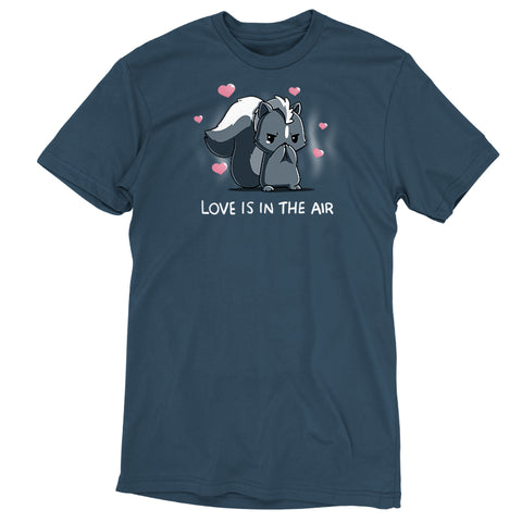 Premium Cotton T-Shirt_TeeTurtle denim blue Scentimental Feelings Premium Cotton T-Shirt featuring a skunk standing up on its back legs with its front paws covering its nose, hearts coming out in the background with the caption, "love is in the air".