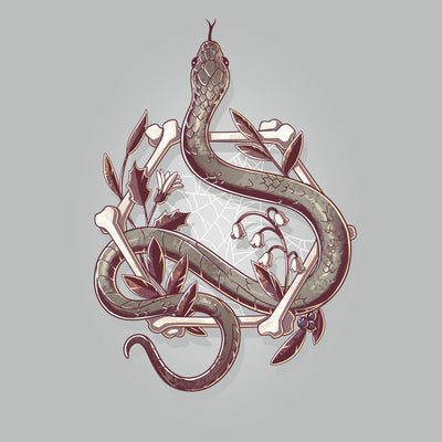 Premium Cotton T-shirt_TeeTurtle silver gray Bone Serpent apparel featuring a gray snake slithering through a hexagon made out of bones with a spiderweb, white bellflowers, and leaves.
