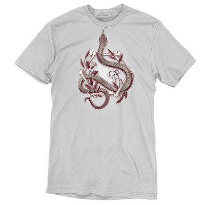 Premium Cotton T-shirt_TeeTurtle silver gray Bone Serpent apparel featuring a gray snake slithering through a hexagon made out of bones with a spiderweb, white bellflowers, and leaves.