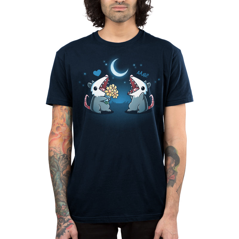 Premium Cotton T-shirt_TeeTurtle navy blue AAAH Love You apparel featuring two an opossum handing flowers to another opossum exclaiming, "AAAH!" under a moonlit sky.