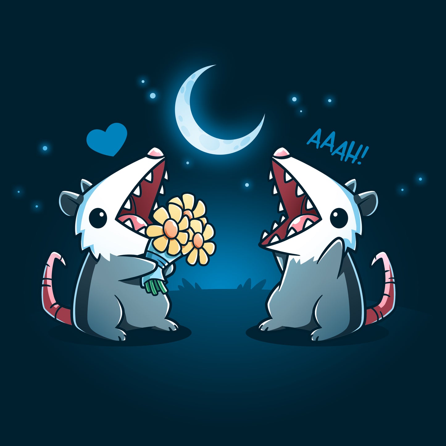 Premium Cotton T-shirt_TeeTurtle navy blue AAAH Love You apparel featuring two an opossum handing flowers to another opossum exclaiming, "AAAH!" under a moonlit sky.