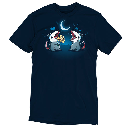 Premium Cotton T-shirt_TeeTurtle navy blue AAAH Love You apparel featuring two an opossum handing flowers to another opossum exclaiming, 