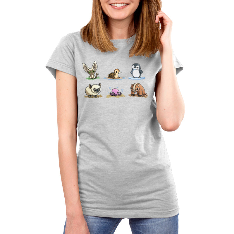 Premium Cotton T-shirt_TeeTurtle silver gray Avatar Animal Friends apparel featuring Momo, turtle duck, otter penguin, koala sheep, purple pentapus, and badgermole in a grid.