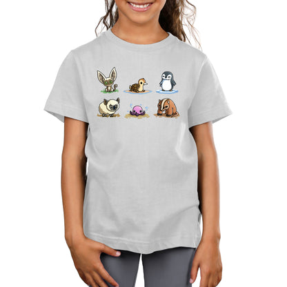 Premium Cotton T-shirt_TeeTurtle silver gray Avatar Animal Friends apparel featuring Momo, turtle duck, otter penguin, koala sheep, purple pentapus, and badgermole in a grid.