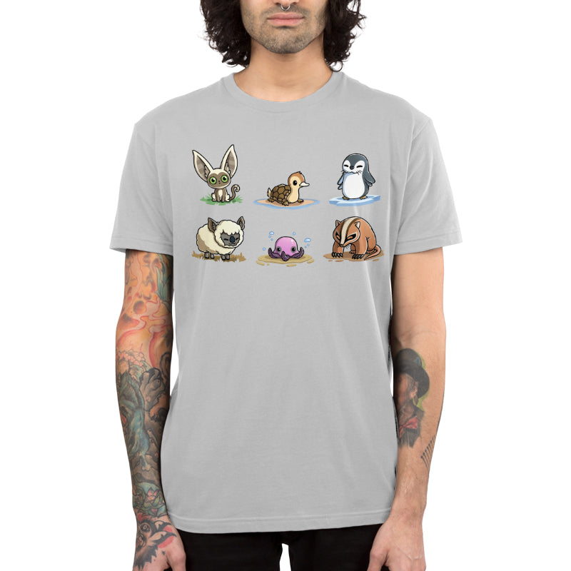 Premium Cotton T-shirt_TeeTurtle silver gray Avatar Animal Friends apparel featuring Momo, turtle duck, otter penguin, koala sheep, purple pentapus, and badgermole in a grid.