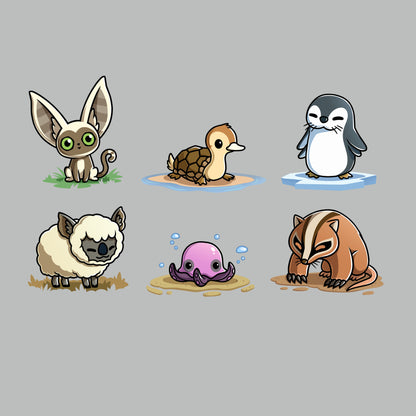 Premium Cotton T-shirt_TeeTurtle silver gray Avatar Animal Friends apparel featuring Momo, turtle duck, otter penguin, koala sheep, purple pentapus, and badgermole in a grid.