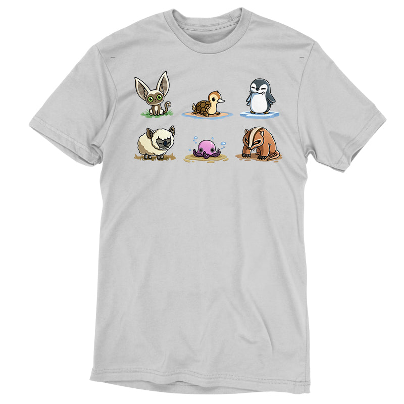 Premium Cotton T-shirt_TeeTurtle silver gray Avatar Animal Friends apparel featuring Momo, turtle duck, otter penguin, koala sheep, purple pentapus, and badgermole in a grid.