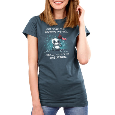 Premium Cotton T-shirt_TeeTurtle denim blue Just Another Bad Day apparel featuring an anxious panda holding a blown-out umbrella in a rainstorm with the caption, “Out of all the bad days I’ve had… well, this is just one of them“.
