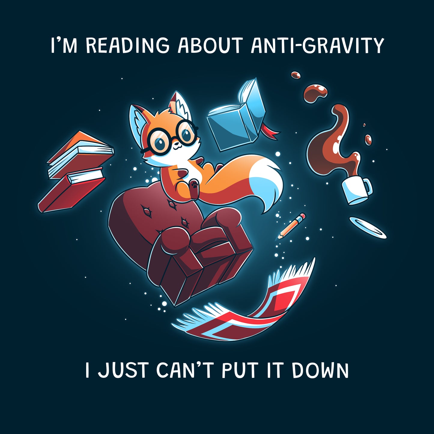 Premium Cotton T-shirt_TeeTurtle navy blue Anti-Gravity Enthusiast apparel featuring a fox wearing glasses reading a book with floating in mid-air with its living room furniture, such as a chair, rug, and lamp, with the caption, “I’m Reading About Anti-Gravity, I Just Can’t Put It Down“.