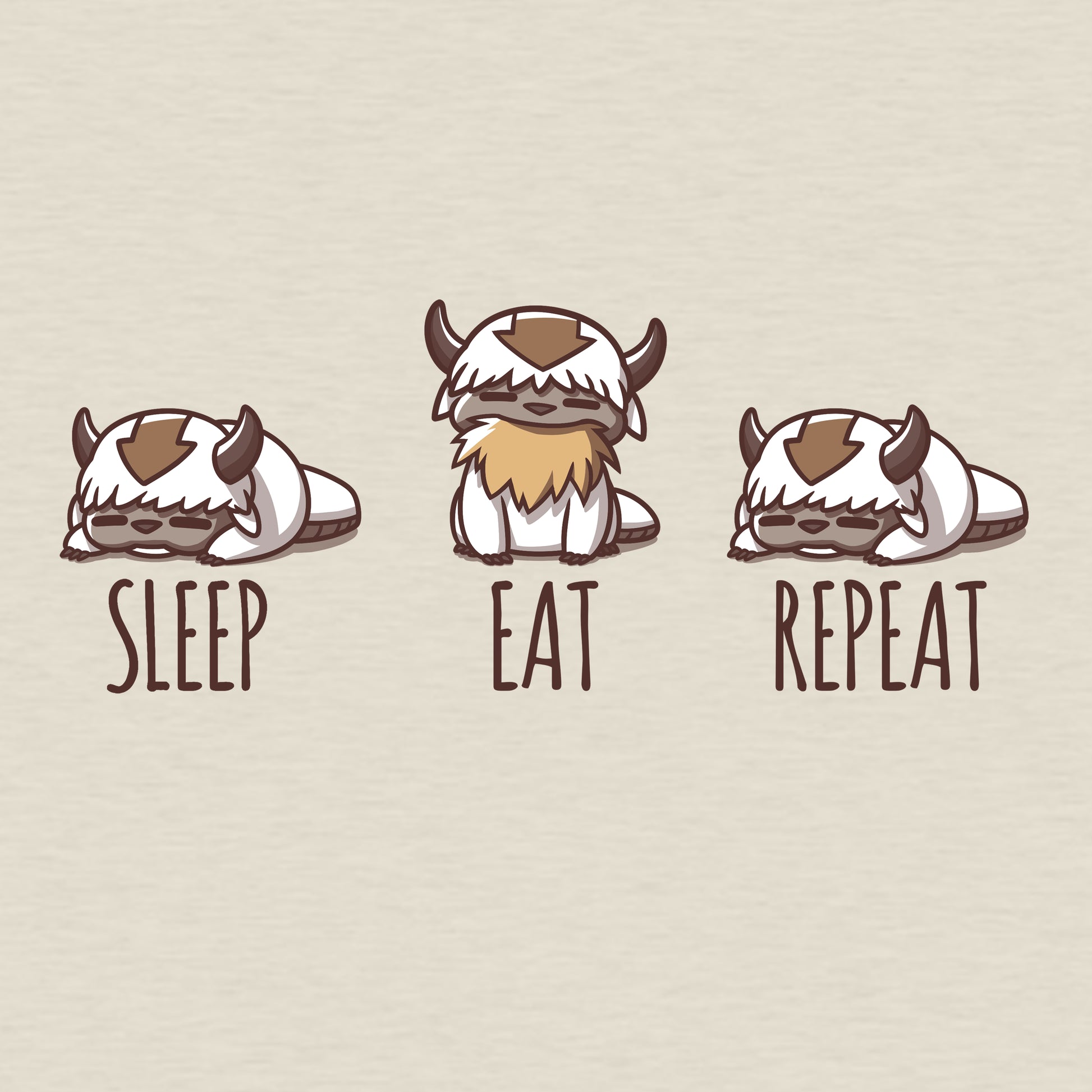 Premium Cotton T-shirt_TeeTurtle natural heather Appa Sleep Eat Repeat apparel featuring Appa from Avatar: The Last Airbender sleeping, eating hay, and sleeping again, with the caption, "Sleep, Eat, Repeat".
