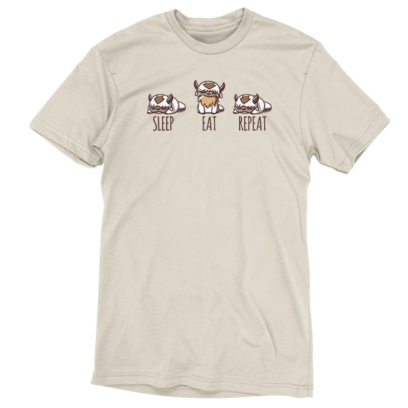 Premium Cotton T-shirt_TeeTurtle natural heather Appa Sleep Eat Repeat apparel featuring Appa from Avatar: The Last Airbender sleeping, eating hay, and sleeping again, with the caption, "Sleep, Eat, Repeat".