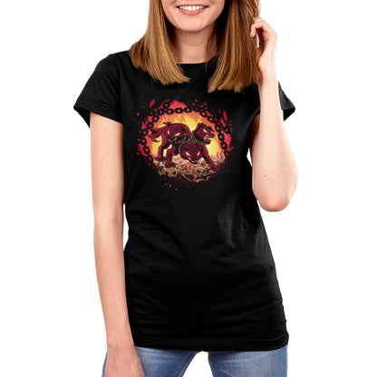 Premium Cotton T-shirt_TeeTurtle Bloodthirsty Cerberus black t-shirt featuring the red three-headed dog Cerberus looking angry wearing spikey collars and standing on top of bones and skulls surrounded by chains and flames.