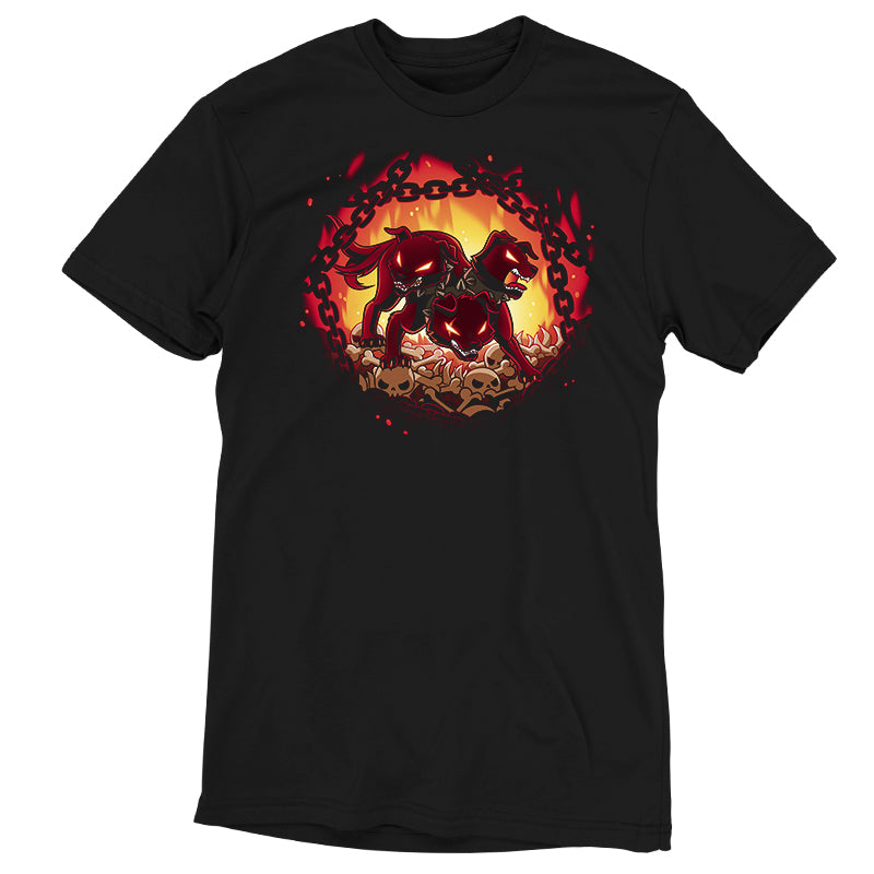 Premium Cotton T-shirt_TeeTurtle Bloodthirsty Cerberus black t-shirt featuring the red three-headed dog Cerberus looking angry wearing spikey collars and standing on top of bones and skulls surrounded by chains and flames.