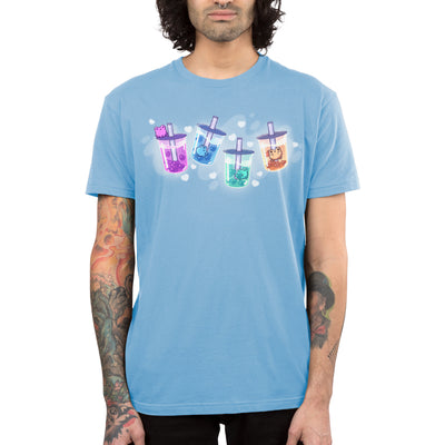 Premium Cotton T-shirt_TeeTurtle light blue Boba Froggies apparel featuring heart-shaped boba in different colors with little frogs swimming in the boba, or perched on top of the lid.