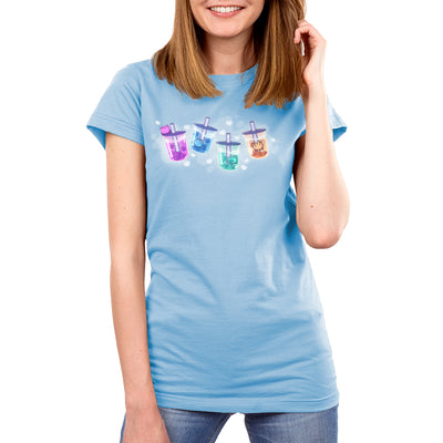 Premium Cotton T-shirt_TeeTurtle light blue Boba Froggies apparel featuring heart-shaped boba in different colors with little frogs swimming in the boba, or perched on top of the lid.