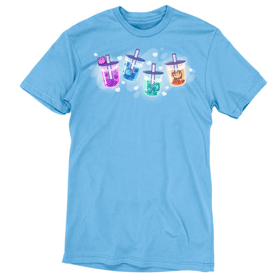 Premium Cotton T-shirt_TeeTurtle light blue Boba Froggies apparel featuring heart-shaped boba in different colors with little frogs swimming in the boba, or perched on top of the lid.