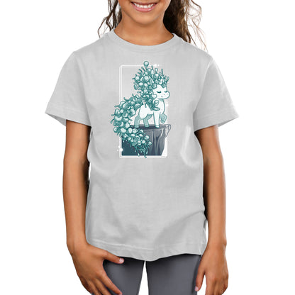 Premium Cotton T-shirt_TeeTurtle silver gray Botanicorn apparel featuring a magical unicorn with a mane and tail made out of the plant silver falls, or silver nickel vine, standing elegantly with a hoof raised on a cliff.