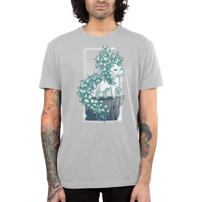 Premium Cotton T-shirt_TeeTurtle silver gray Botanicorn apparel featuring a magical unicorn with a mane and tail made out of the plant silver falls, or silver nickel vine, standing elegantly with a hoof raised on a cliff.