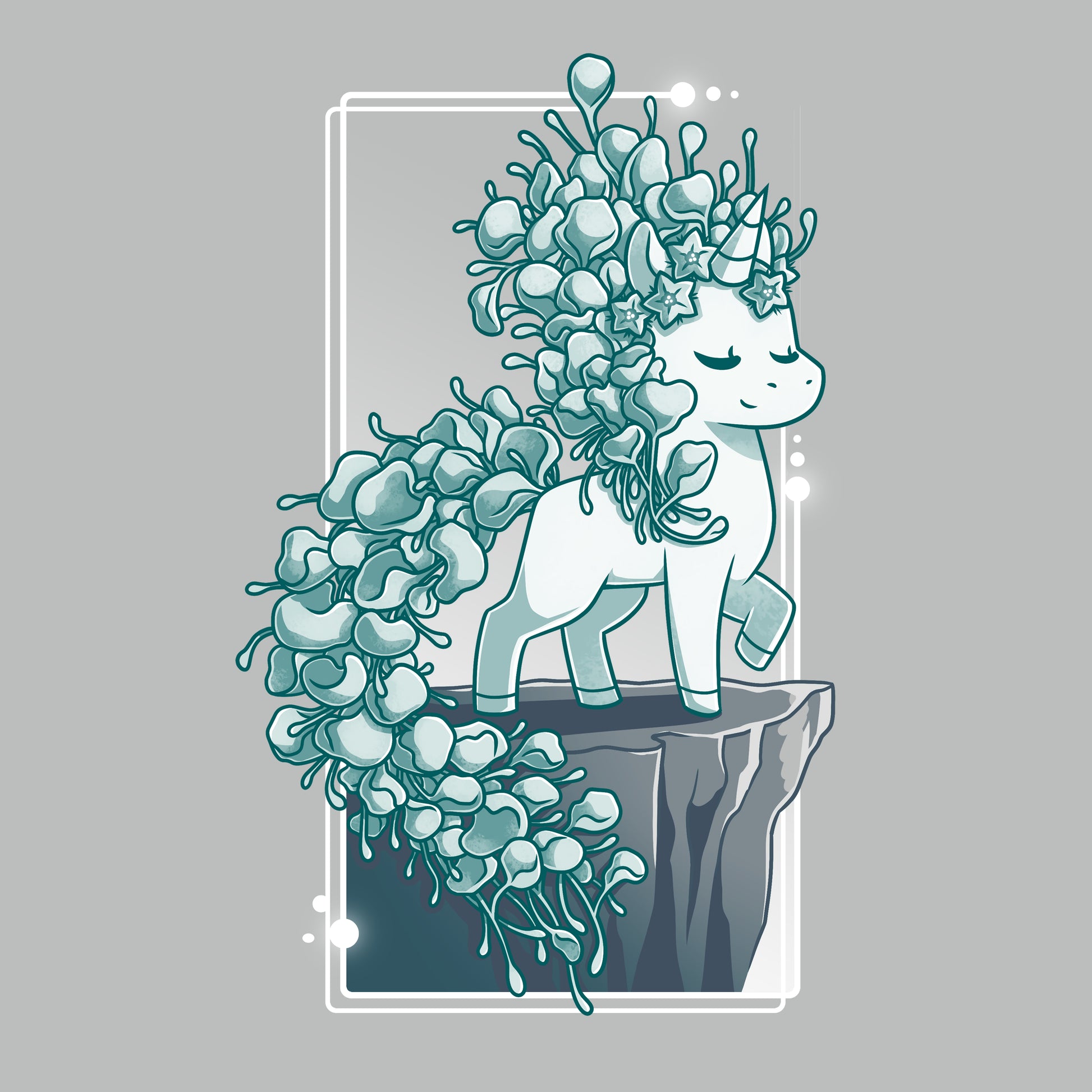 Premium Cotton T-shirt_TeeTurtle silver gray Botanicorn apparel featuring a magical unicorn with a mane and tail made out of the plant silver falls, or silver nickel vine, standing elegantly with a hoof raised on a cliff.