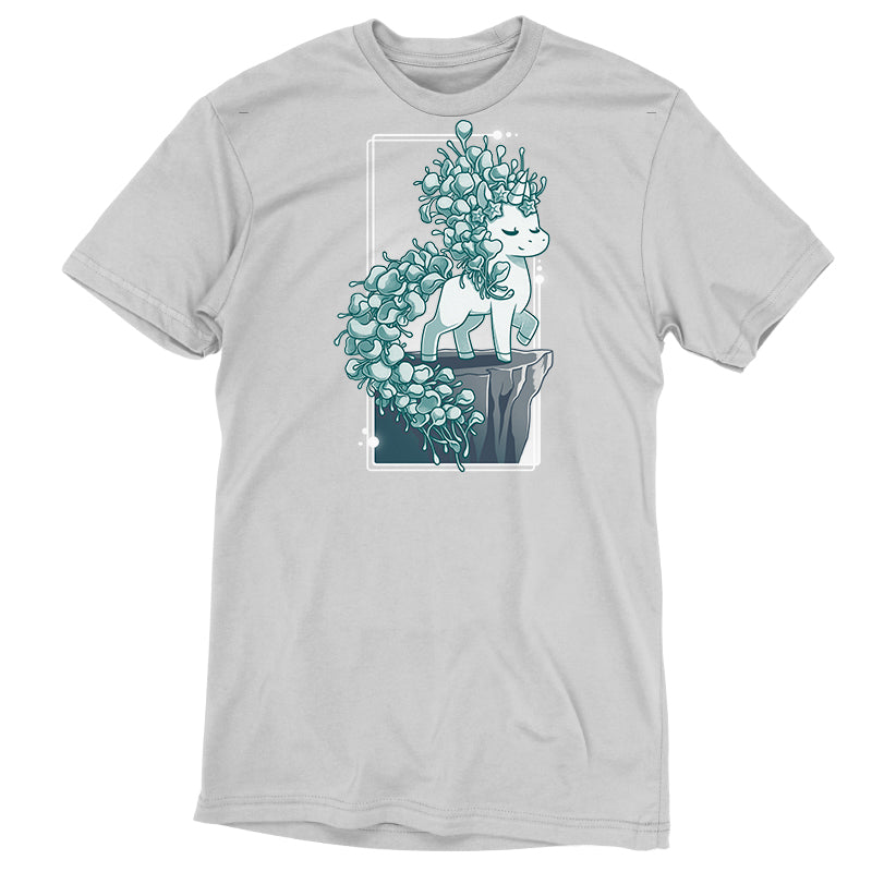 Premium Cotton T-shirt_TeeTurtle silver gray Botanicorn apparel featuring a magical unicorn with a mane and tail made out of the plant silver falls, or silver nickel vine, standing elegantly with a hoof raised on a cliff.