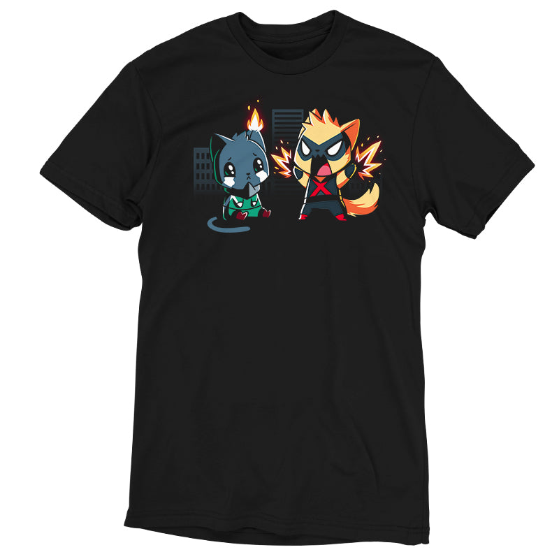 Premium Cotton T-shirt_TeeTurtle black Cat Fight featuring two cats in superhero costumes with one cat crying since its ear on fire, and the other cat powering up with a city in the background.