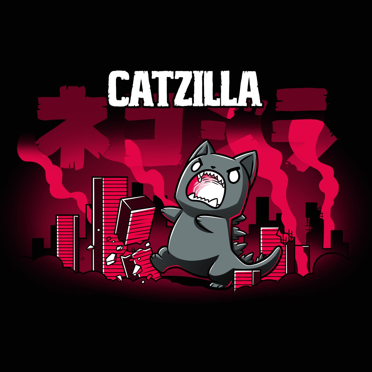 Premium Cotton T-shirt_TeeTurtle Catzilla black t-shirt featuring an illustration of an angry gray cat terrorizing a city knocking down red, blocky buildings with reddish-pink smoke filling the air and "Catzilla" written above the graphic. The text beneath the word CATZILLA resembles Japanese characters or simplified Chinese characters.