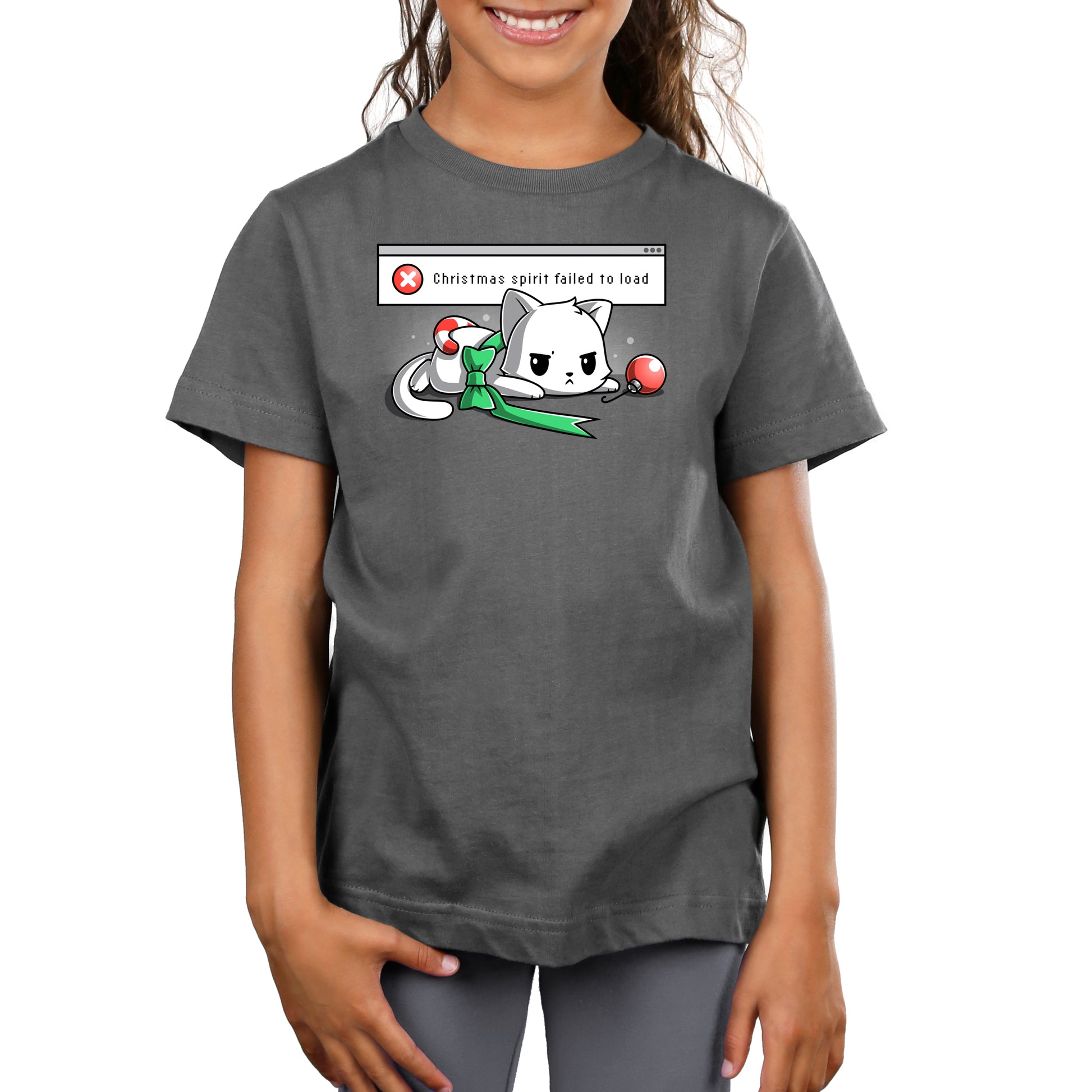 Premium Cotton T-shirt_TeeTurtle charcoal gray Christmas Spirit Failed To Load apparel featuring a grumpy white cat with Christmas ornaments stacked on it, and an error message in the background saying, “X Christmas Spirit Failed To Load”.