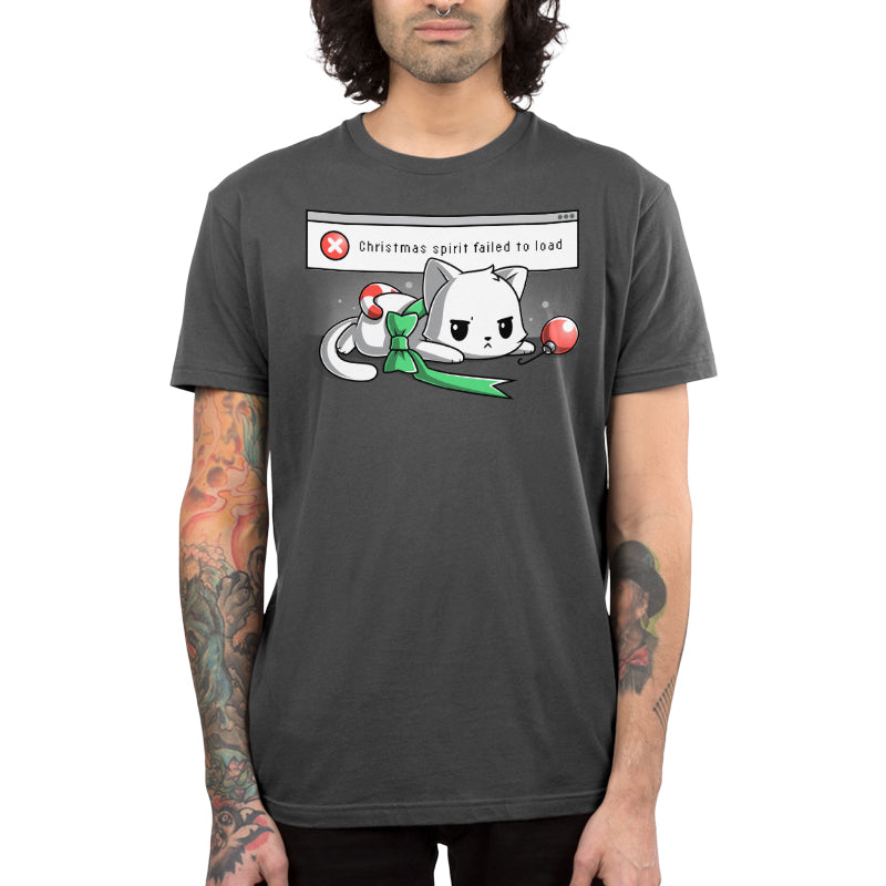 Premium Cotton T-shirt_TeeTurtle charcoal gray Christmas Spirit Failed To Load apparel featuring a grumpy white cat with Christmas ornaments stacked on it, and an error message in the background saying, “X Christmas Spirit Failed To Load”.