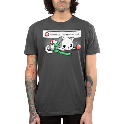 Premium Cotton T-shirt_TeeTurtle charcoal gray Christmas Spirit Failed To Load apparel featuring a grumpy white cat with Christmas ornaments stacked on it, and an error message in the background saying, “X Christmas Spirit Failed To Load”.